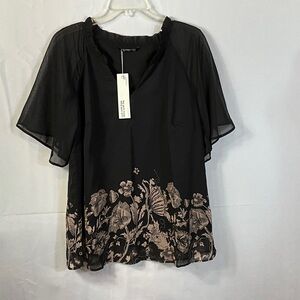 BloomChic Black Sheer Sleeve Blouse with Floral Accents Medium